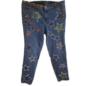 HAND CRAFTED Jeans UPCYCLED Blue Denim Patchwork Stars Floral Applique Size 18
